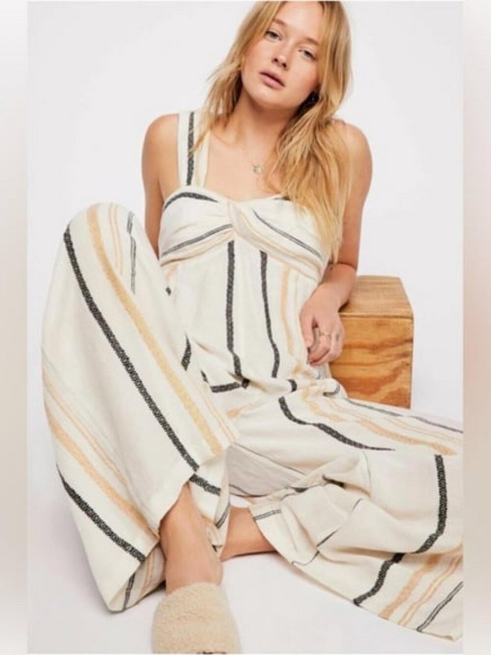 Free People Breezin Through Striped Jumpsuit Wide Leg Smocked XS